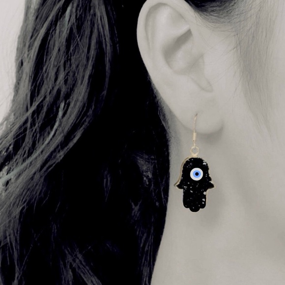 “Hamsa” Evil Eye Black Druzy Geode Sparkly Gold Dipped Protection Pray Earrings - Picture 3 of 5
